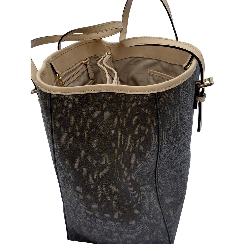 Michael Kors Voyager Medium Logo Tote Bag Brown Monogram Acorn Leather Trim - Picture 11 of 14